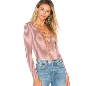LOVERS + FRIENDS Striped Red Lace Up Bodysuit Top